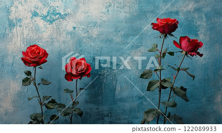 red roses  against a textured blue background, perfect for romantic and floral-themed designs. 122089933