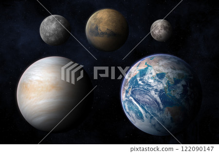 Earth, Mars, Venus, Mercury and Moon to scale. 122090147