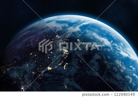 Earth from the space at night. Space banner template. East Asia. Earth from the space at night. Space banner template. East Asia. 122090149
