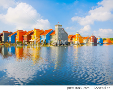 Groningen, Netherlands. The famous colourful houses on the shore of the bay. Groningen, Netherlands. The famous colourful houses on the shore of the bay. 122090156