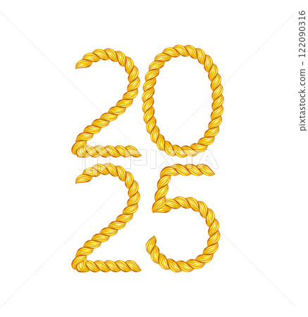 2025 gold twisted rope number. Thin cord realistic text 2025 gold twisted rope number. Thin cord realistic text 122090316