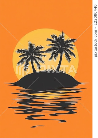 Sunset on a tropical island. Silhouettes of palm trees against a bright orange sunset sky Sunset on a tropical island. Silhouettes of palm trees against a bright orange sunset sky 122090440