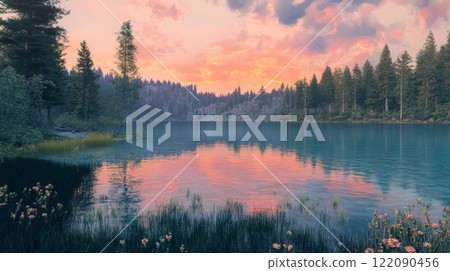 Morning lake with clear water in a pine forest 122090456