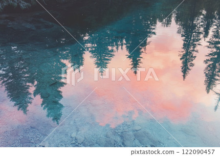 Morning lake with clear water in a pine forest 122090457