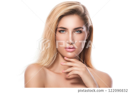 Portrait of beautiful blonde girl on white background 122090832