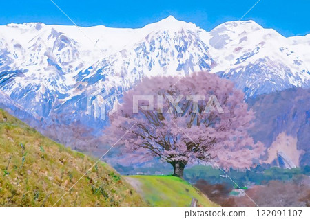 【櫻花素材】野平地區的一棵櫻花樹和白雪皚皚的北阿爾卑斯山插畫風格【長野縣】 【櫻花素材】野平地區的一棵櫻花樹和白雪皚皚的北阿爾卑斯山插畫風格【長野縣】 122091107