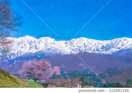 【櫻花素材】野平地區的一棵櫻花樹和白雪皚皚的北阿爾卑斯山插畫風格【長野縣】 122091108