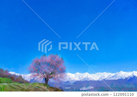 【櫻花素材】野平地區的一棵櫻花樹和白雪皚皚的北阿爾卑斯山插畫風格【長野縣】 【櫻花素材】野平地區的一棵櫻花樹和白雪皚皚的北阿爾卑斯山插畫風格【長野縣】 122091110