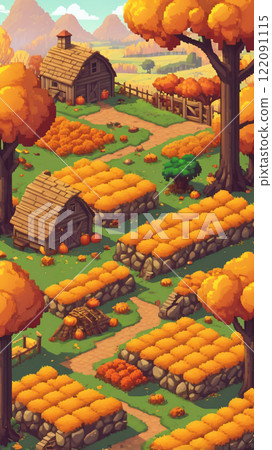 Farm and field, autumn season.mobile game asset. Game environment set, hay day, stardew valley style 122091115