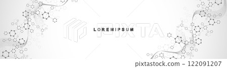 Modern scientific background with hexagons, lines and dots. Wave flow abstract background. Molecular structure for medical, technology, chemistry, science. Vector illustration 122091207