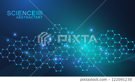 Modern scientific background with hexagons, lines and dots. Wave flow abstract background. Molecular structure for medical, technology, chemistry, science. Vector illustration 122091230