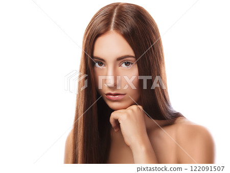Brunette with straight hair on white background Brunette with straight hair on white background 122091507