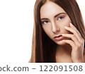 Brunette with straight hair on white background 122091508