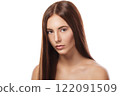 Brunette with straight hair on white background 122091509