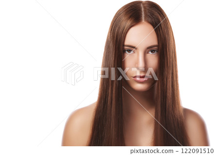 Brunette with straight hair on white background Brunette with straight hair on white background 122091510