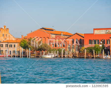 view Murano island in north lagoon and glassware factories on Venice. 122091595