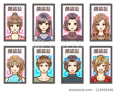 在螢幕上使用臉部辨識的成年男性和女性的插圖集 122091686