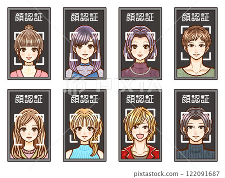 成年男性和女性在螢幕上使用臉部辨識的插圖集 2 122091687