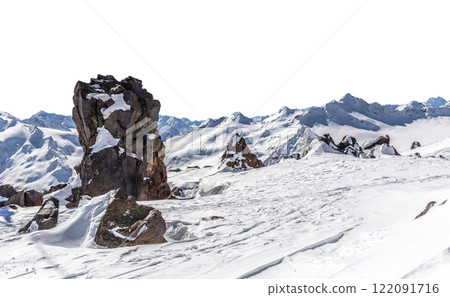 Panorama of winter mountains covered in snow isolated on white background Panorama of winter mountains covered in snow isolated on white background 122091716