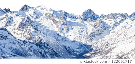 Panorama of winter mountains covered in snow isolated on white background Panorama of winter mountains covered in snow isolated on white background 122091717