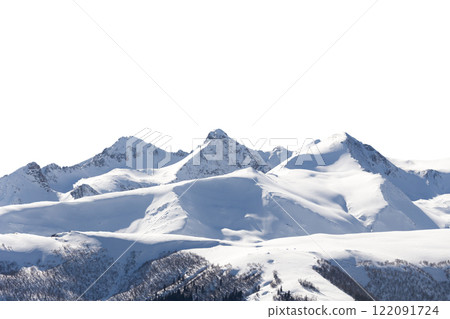 Panorama of winter mountains covered in snow isolated on white background 122091724