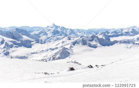 Panorama of winter mountains covered in snow isolated on white background 122091725