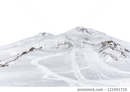 Panorama of winter mountains covered in snow isolated on white background 122091726