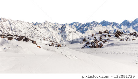 Panorama of winter mountains covered in snow isolated on white background 122091729