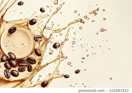 Coffee splashing with coffee beans on light background 122091922