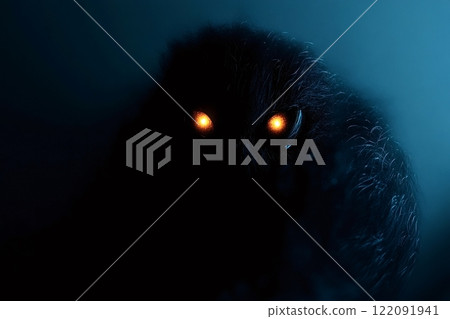 Scary monster emerging from the darkness with glowing eyes 122091941