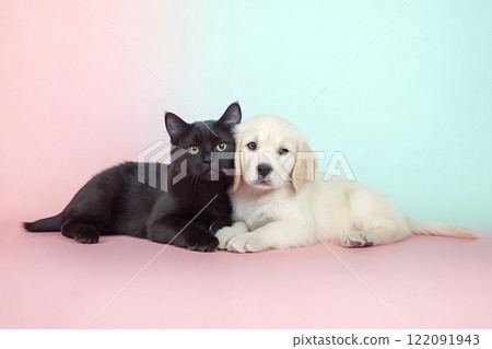Black cat and golden retriever puppy relaxing together on pink background Black cat and golden retriever puppy relaxing together on pink background 122091943