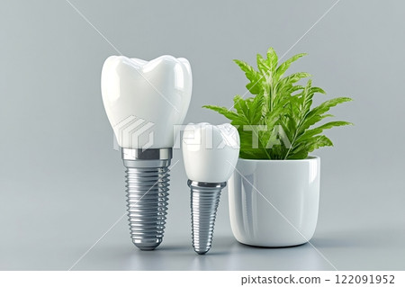 Dental implants standing next to a small green plant 122091952
