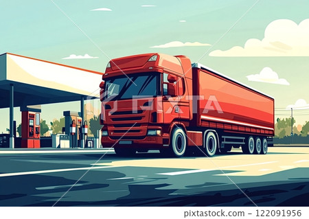 Red semi-truck leaving gas station after refueling on a sunny day 122091956