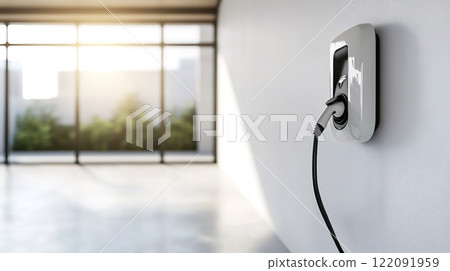 Electric vehicle charger plugged in on a white wall in a modern office 122091959