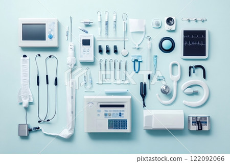 Medical equipment forming a still life on a light blue background 122092066