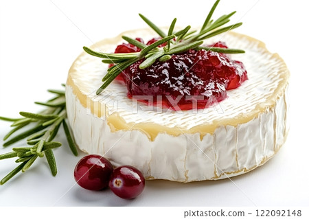 Camembert cheese with cranberry sauce and rosemary on white background 122092148