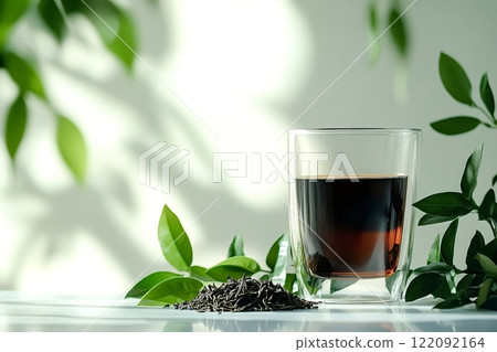 Black tea brewing in a glass with fresh tea leaves 122092164