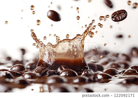 Coffee beans splashing into liquid coffee creating crown shaped splash Coffee beans splashing into liquid coffee creating crown shaped splash 122092171