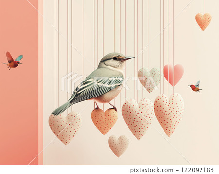 Valentine's Day Background Colorful birds rest among hanging hearts. 122092183