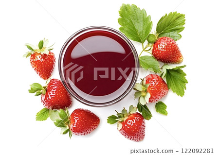 Glass bowl of strawberry juice surrounded by fresh strawberries and leaves 122092281