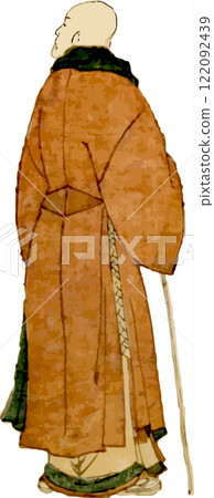 A monk walking with a walking stick 122092439