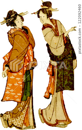 Two women happily walking through the city 122092460