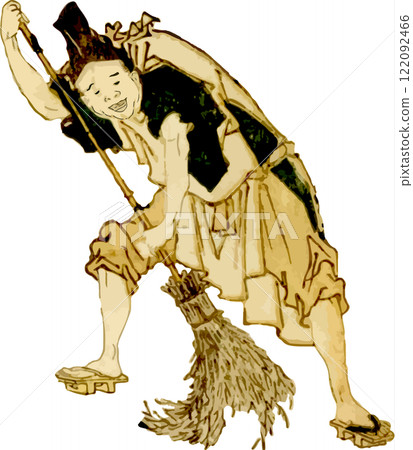 A man sweeping the garden with a bamboo broom 122092466