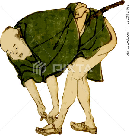 一個男人正在重新繫上涼鞋的鞋帶 122092468