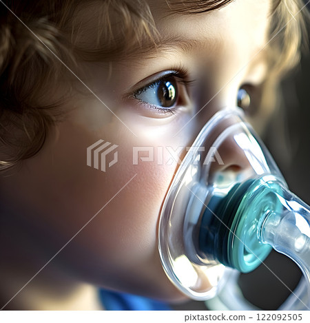 Child using inhaler mask for respiratory treatment 122092505