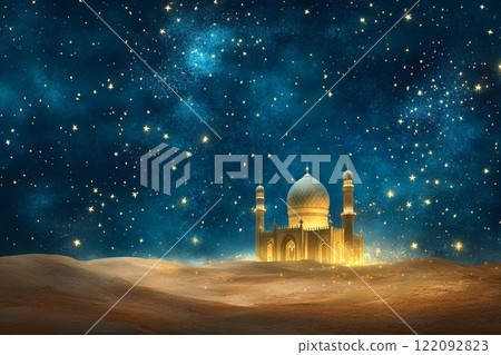 Majestic Golden Mosque at Night under Starry Sky Landscape sand dune calm holy dome stars islam 122092823