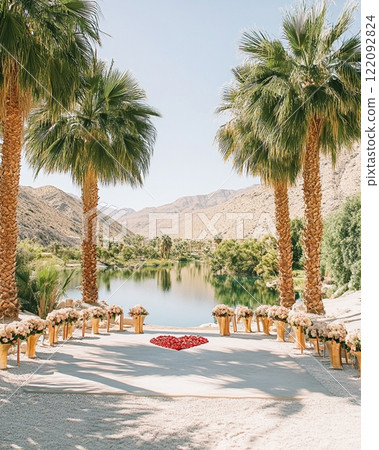 Romantic Desert Wedding Ceremony: Palm Trees, Lake, and Heart Petals sun path love rose pink gold 122092824