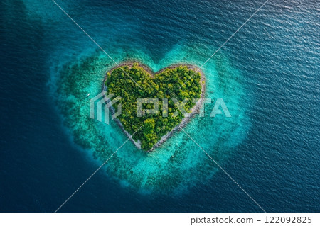 Aerial View of Heart-Shaped Island Tropical Paradise Ocean Turquoise Waters Lush Green Island 122092825