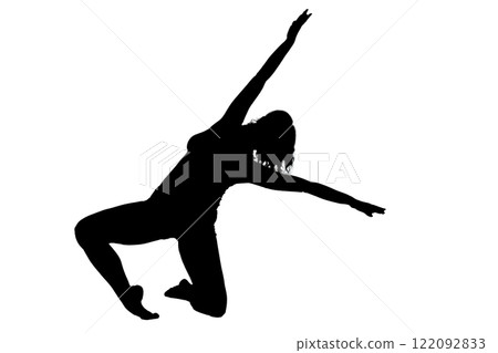 A silhouette of a woman jumping with arms outstretched 122092833