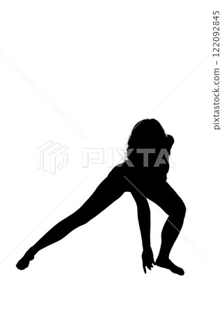 A woman stretches her legs against a white background A woman stretches her legs against a white background 122092845